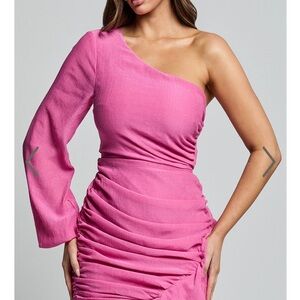 Showpo Pink Asymmetrical One-Shoulder Bell Sleeve Dress